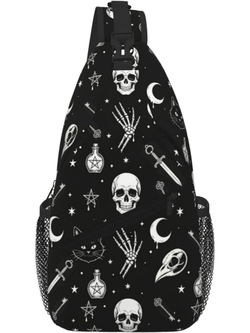 Unisex White Black Skull Gothic Chest Fanny Hiking Travel Daypack Crossbody Bag